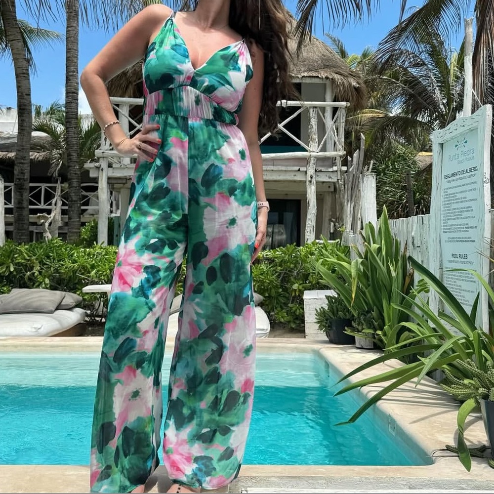 Zara Green and Pink Floral Jumpsuit